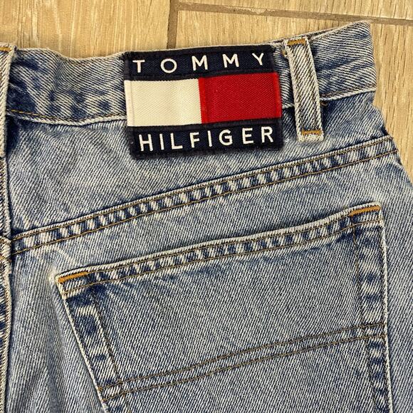 Tommy Hilfiger Vintage High Waist Denim Shorts Size 4 Flag Patch Blue Jean - Picture 8 of 10